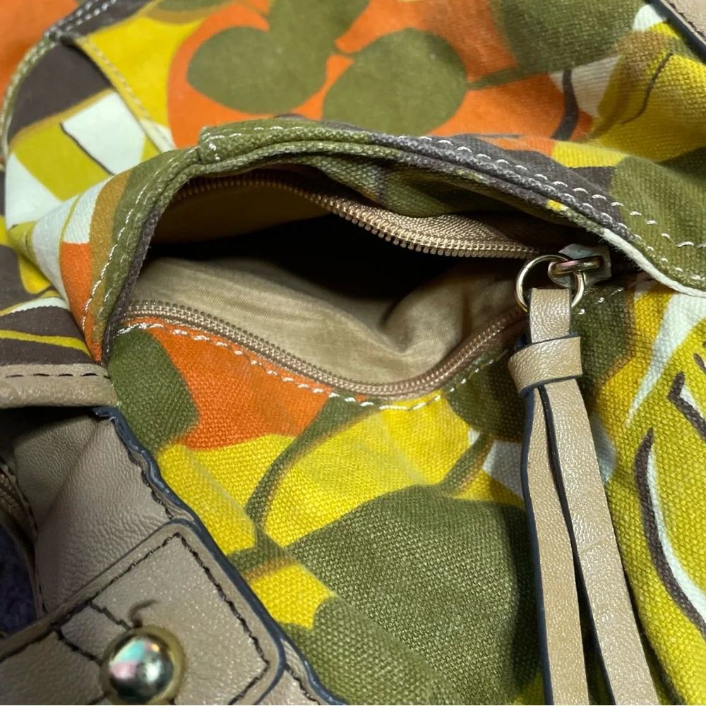 RELIC Brown Yellow Orange Floral Canvas Vinyl Zipper Satchel Handbag